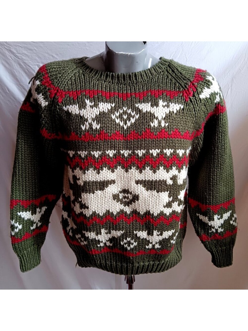 Vintage Medium Mens Crewneck Sweater Southwestern Thunderbird Green/Red 1990s